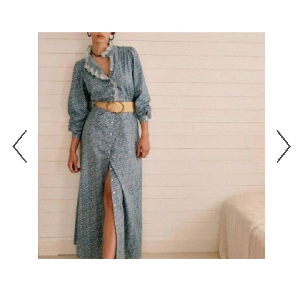Sezane Long Sleeve Blue Dress with Lace Trim